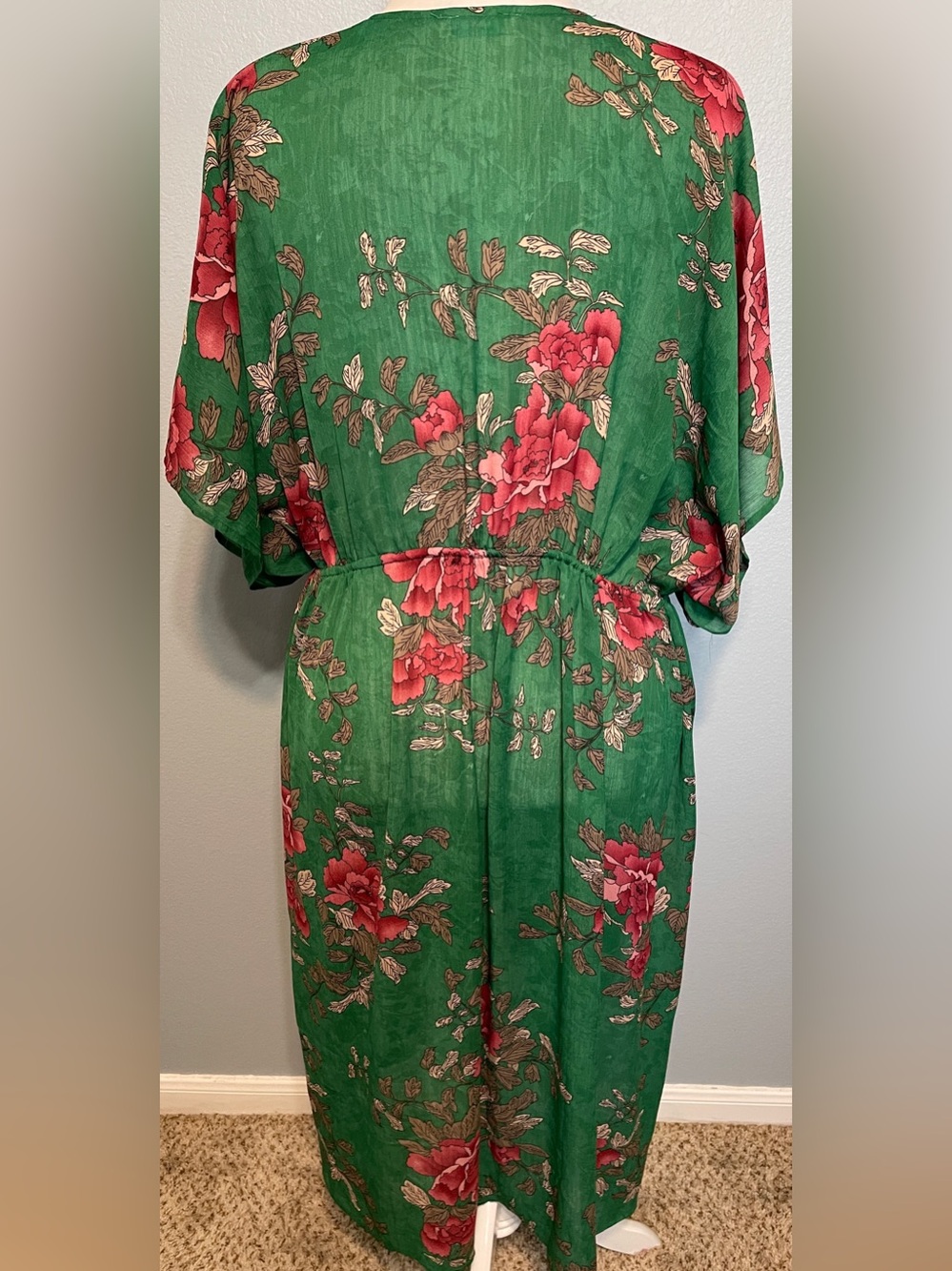 Grace & Lace Floral Kimono Duster Green Maxi Drawstring Boho Cottagecore Small - Picture 2 of 6